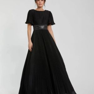 Black Pleated Shimmering Flutter Sleeve Ball Gown