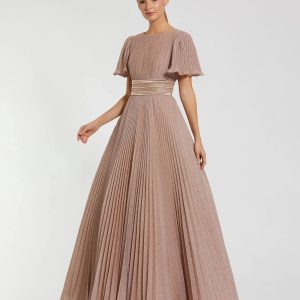 Pink Pleated Shimmering Flutter Sleeve Ball Gown