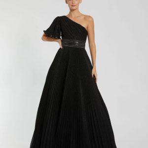 Black Pleated Shimmering One Shoulder Gown