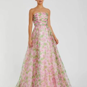 Pink Strapless Floral Chiffon Gown with Ruched Detail