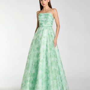 Green Strapless Floral Chiffon Gown with Ruched Detail