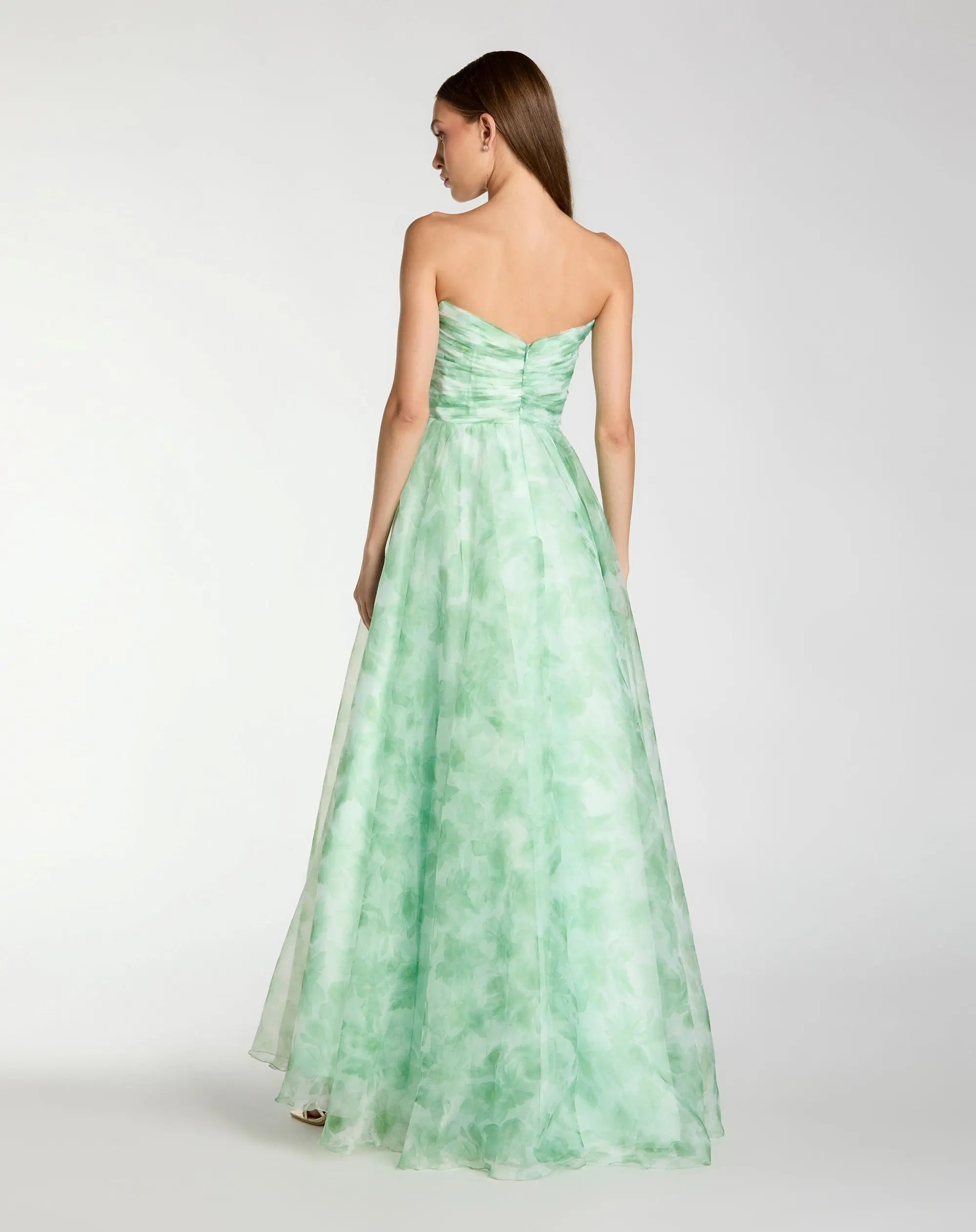 Green Strapless Floral Chiffon Gown with Ruched Detail - Image 3