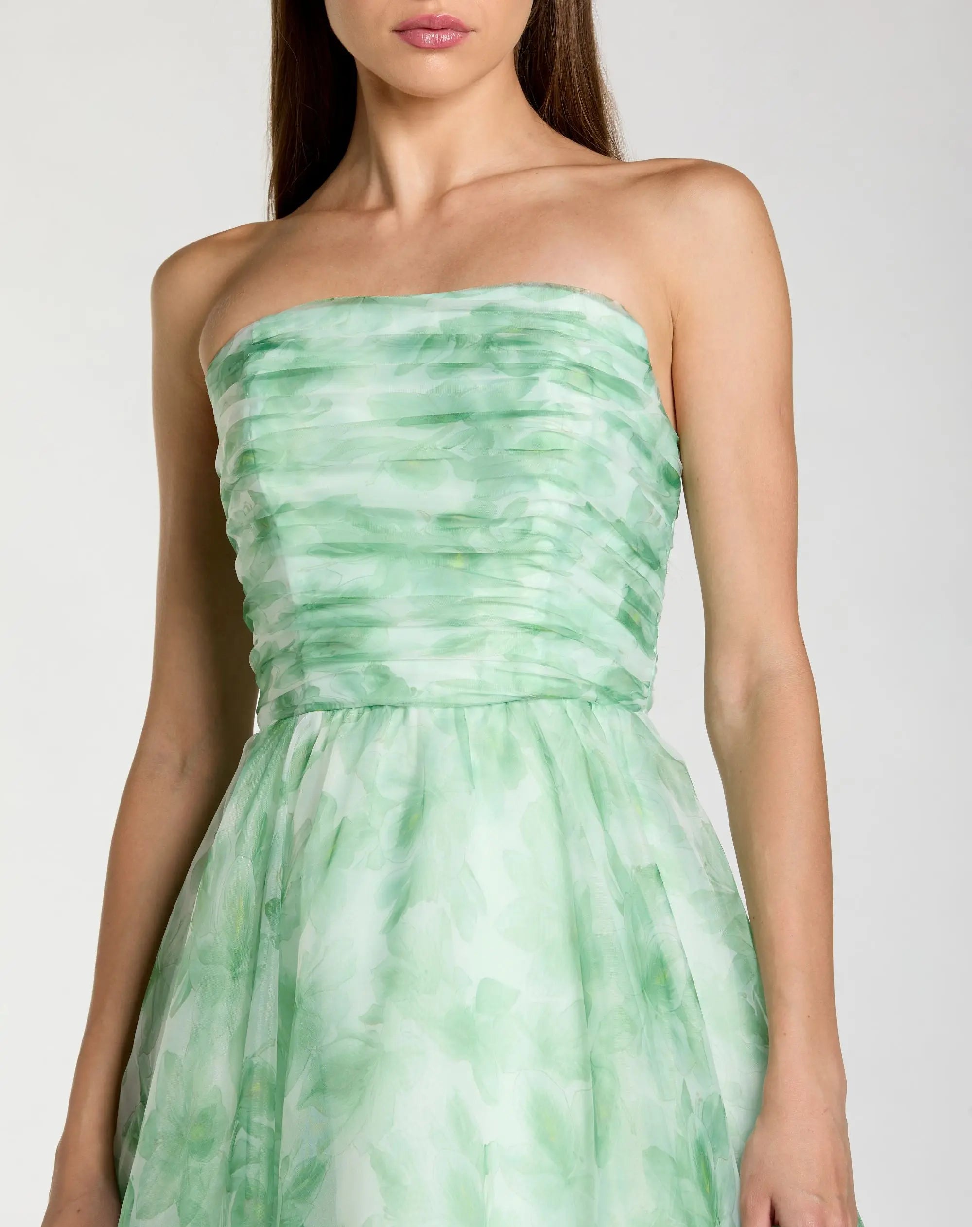 Green Strapless Floral Chiffon Gown with Ruched Detail - Image 2