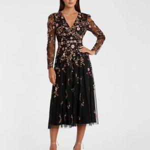 Black Multicolor Floral Embroidered A-Line Cocktail Dress