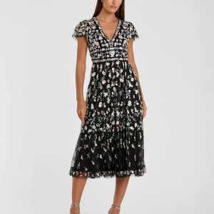 Black Multicolor Embroidered V Neck Cap Sleeve Midi Dress