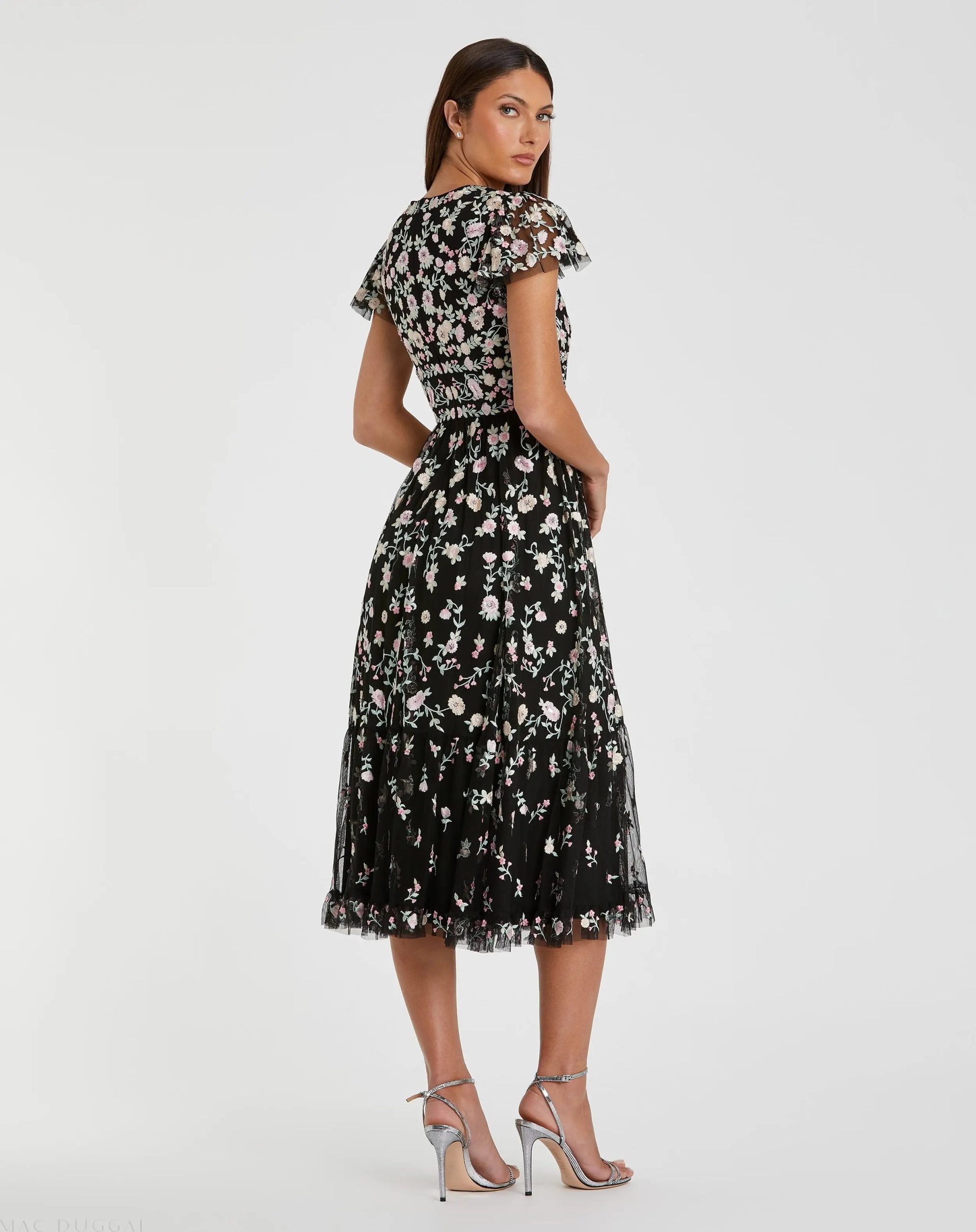 Black Multicolor Embroidered V Neck Cap Sleeve Midi Dress - Image 3