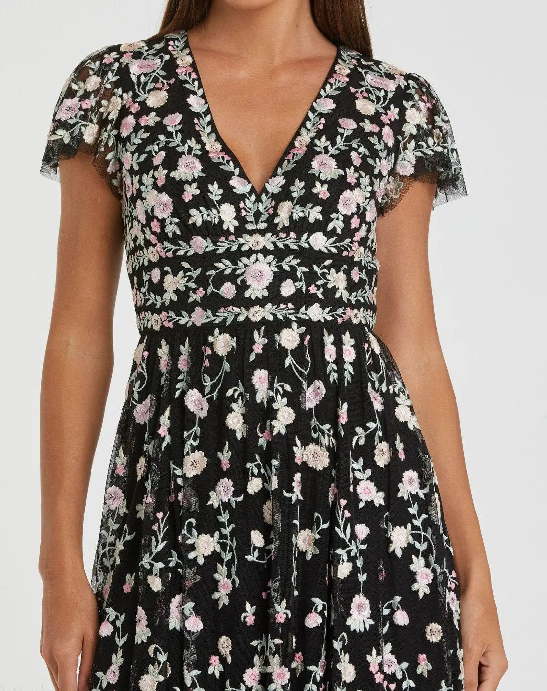 Black Multicolor Embroidered V Neck Cap Sleeve Midi Dress - Image 2