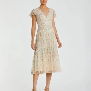 Beige Multicolor Embroidered V Neck Cap Sleeve Midi Dress - FINAL SALE