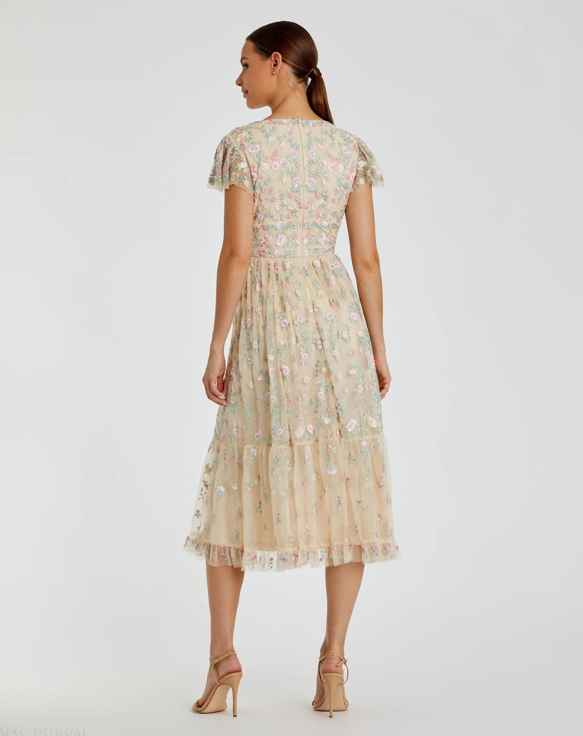 Beige Multicolor Embroidered V Neck Cap Sleeve Midi Dress - FINAL SALE - Image 3