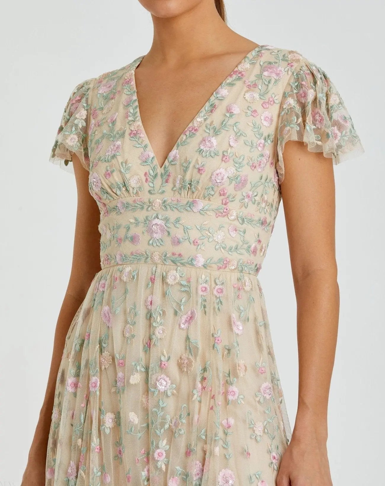 Beige Multicolor Embroidered V Neck Cap Sleeve Midi Dress - FINAL SALE - Image 2
