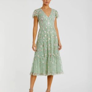 Green Multicolor Embroidered V Neck Cap Sleeve Midi Dress