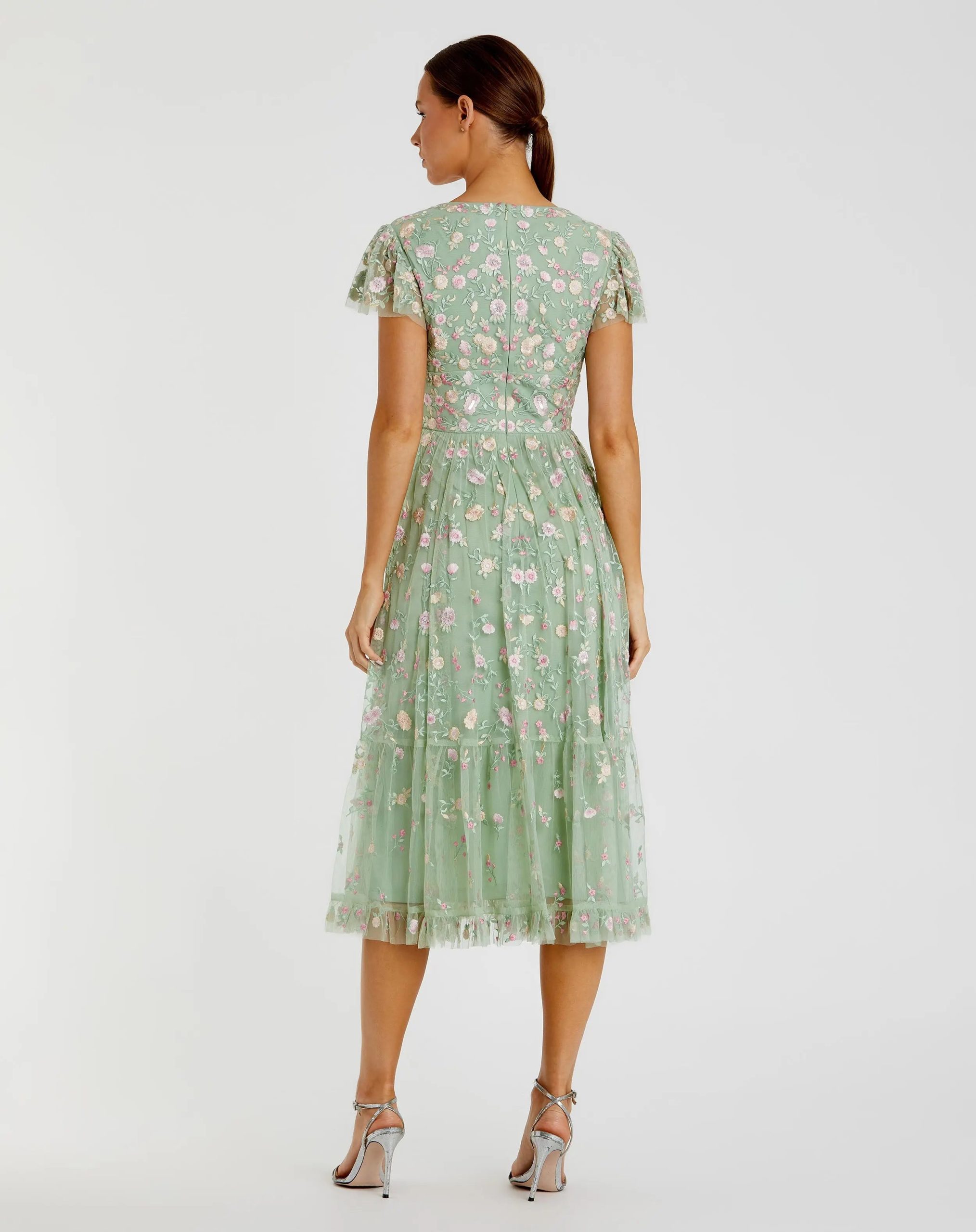 Green Multicolor Embroidered V Neck Cap Sleeve Midi Dress - Image 3