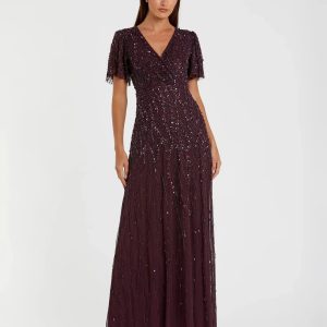 Purple Embellished Flutter Sleeve Gown