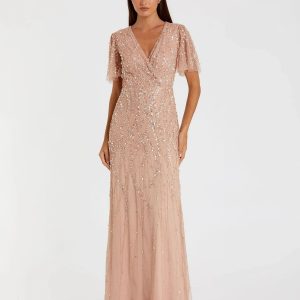 Pink Embellished Flutter Sleeve Gown