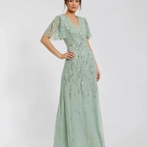 Green Beaded Wrap Over Butterfly Sleeve Column Gown