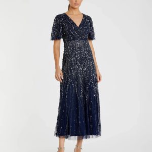 Navy Beaded Wrap Over Butterfly Sleeve Dress
