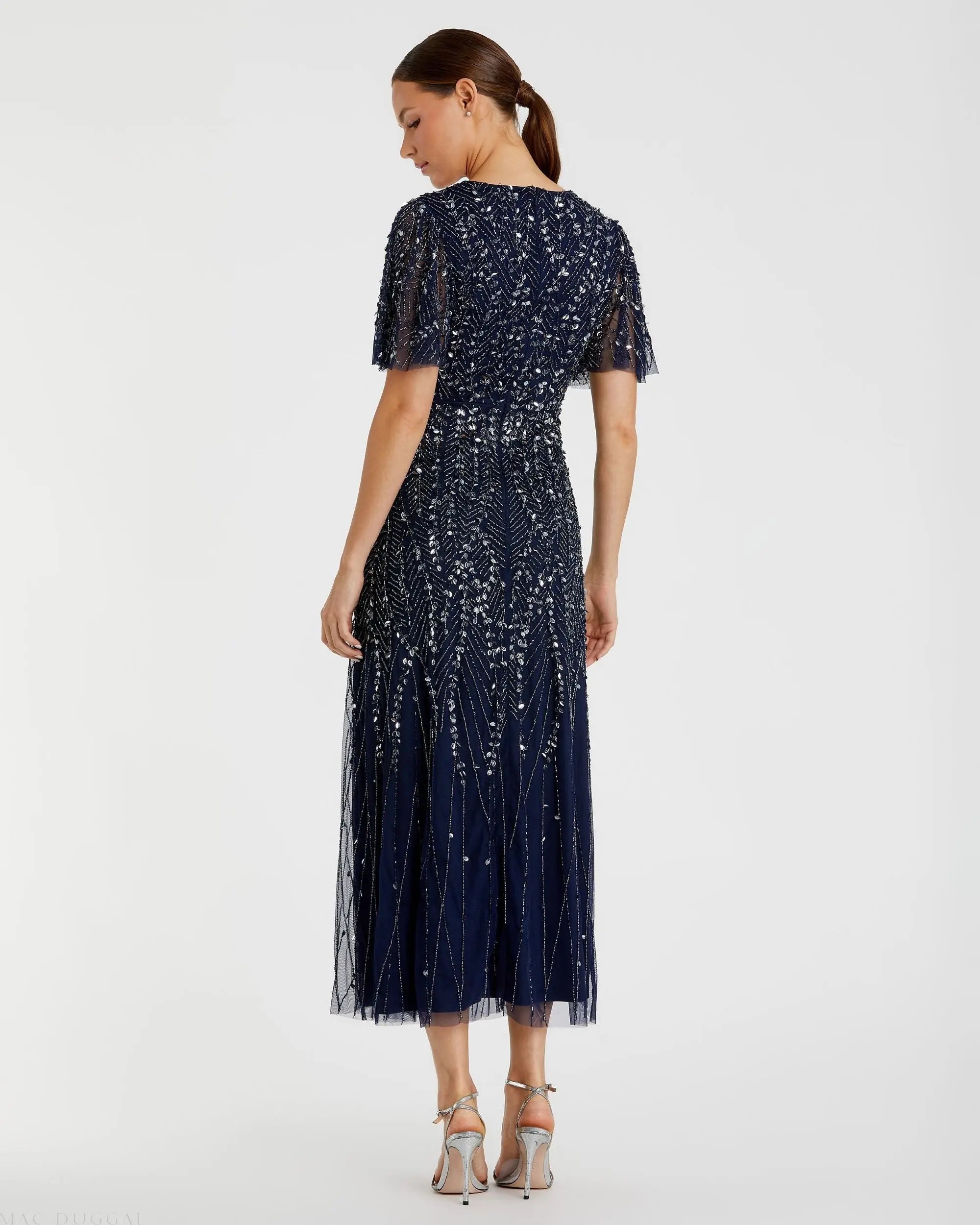 Navy Beaded Wrap Over Butterfly Sleeve Dress - Image 3