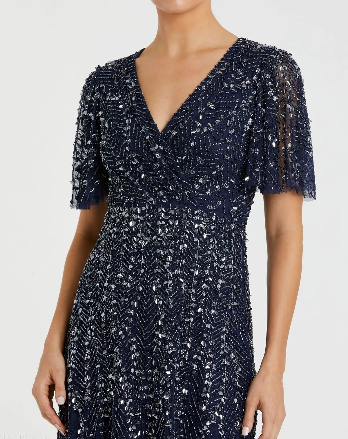Navy Beaded Wrap Over Butterfly Sleeve Dress - Image 2