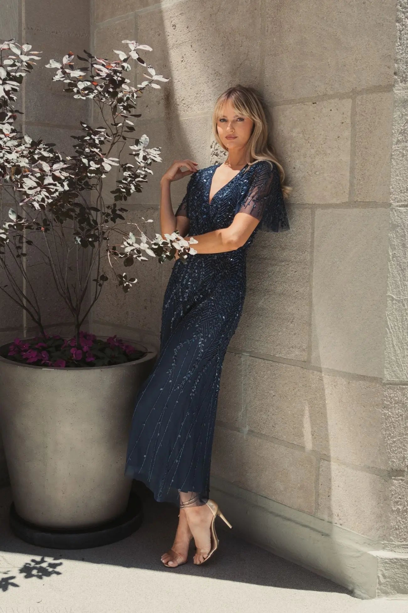 Navy Beaded Wrap Over Butterfly Sleeve Dress - Image 4