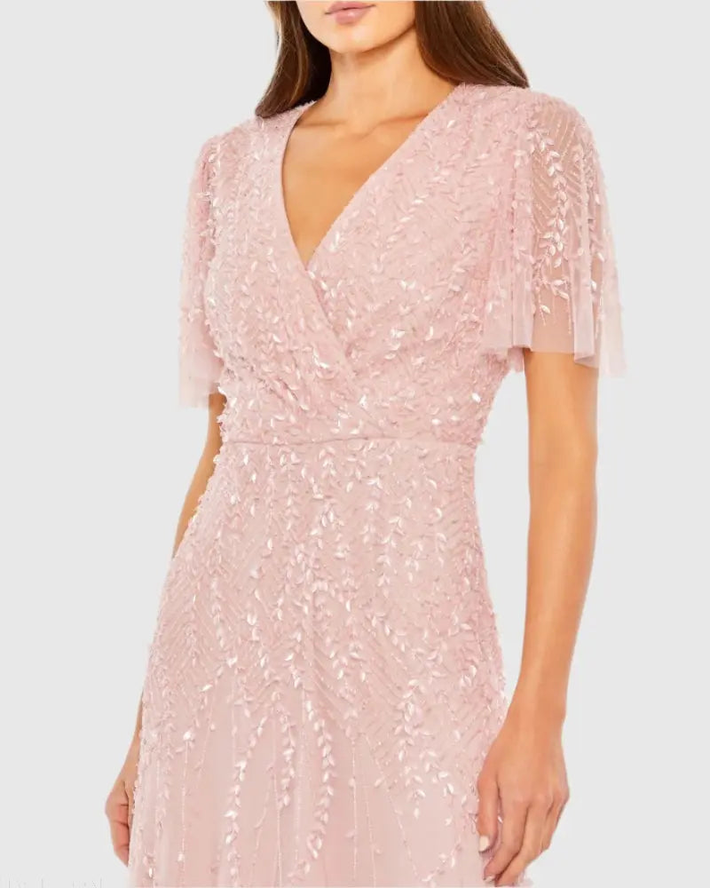Pink Beaded Wrap Over Butterfly Sleeve Dress - Image 2
