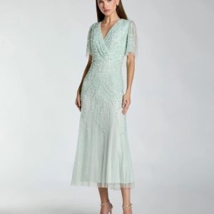 Blue Beaded Wrap Over Butterfly Sleeve Dress