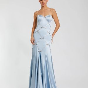 Blue Strapless Satin Trumpet Gown With Bow Details