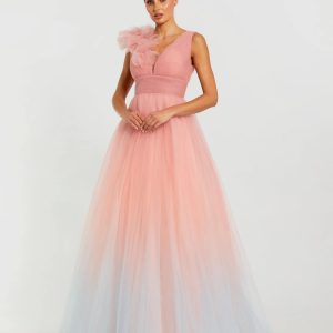Pink Ruffle Shoulder V Neck Ombre Tulle Ball Gown