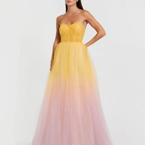 Yellow and Pink Strapless Corset Ombre Tulle Ballgown