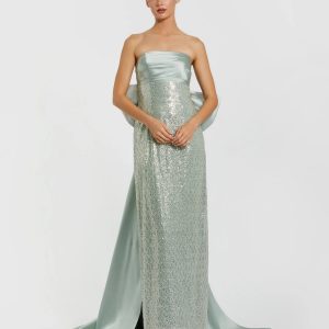 Green Strapless Embellished Gown With Back Bow Detail