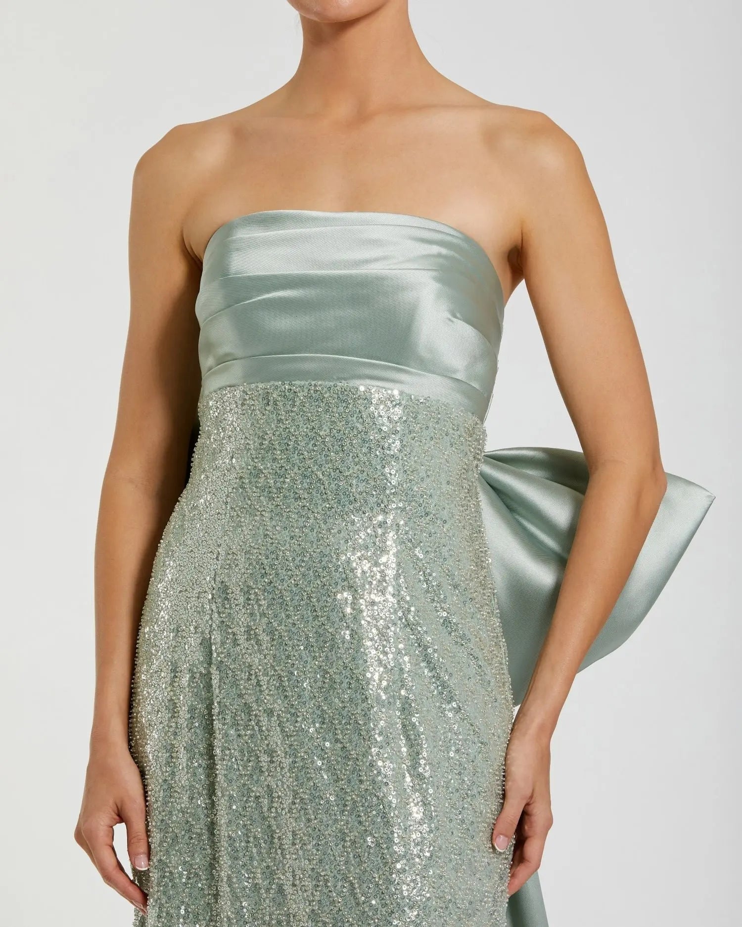 Green Strapless Embellished Gown With Back Bow Detail - Image 2