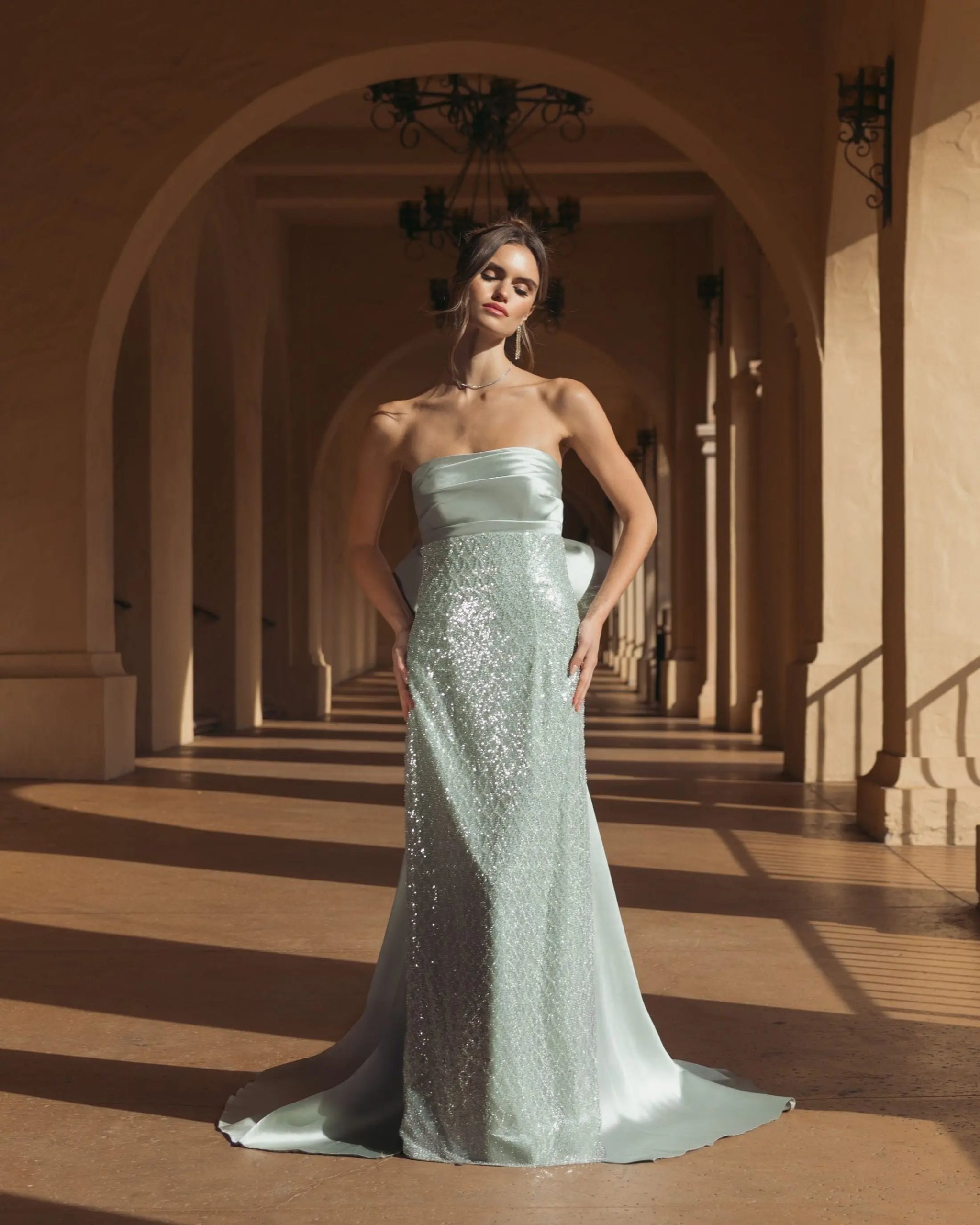 Green Strapless Embellished Gown With Back Bow Detail - Image 4