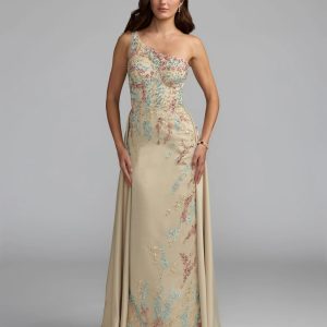 Beige One Shoulder Embellished Gown With Train