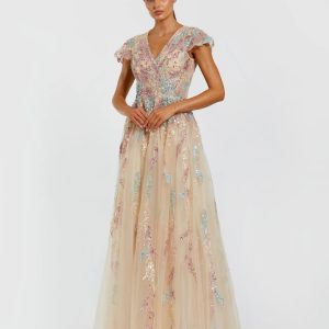 Beige Embroidered Tulle V-Neck Gown