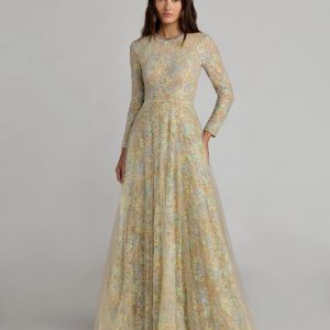 Beige Long Sleeve Embellished Lace A-Line Gown