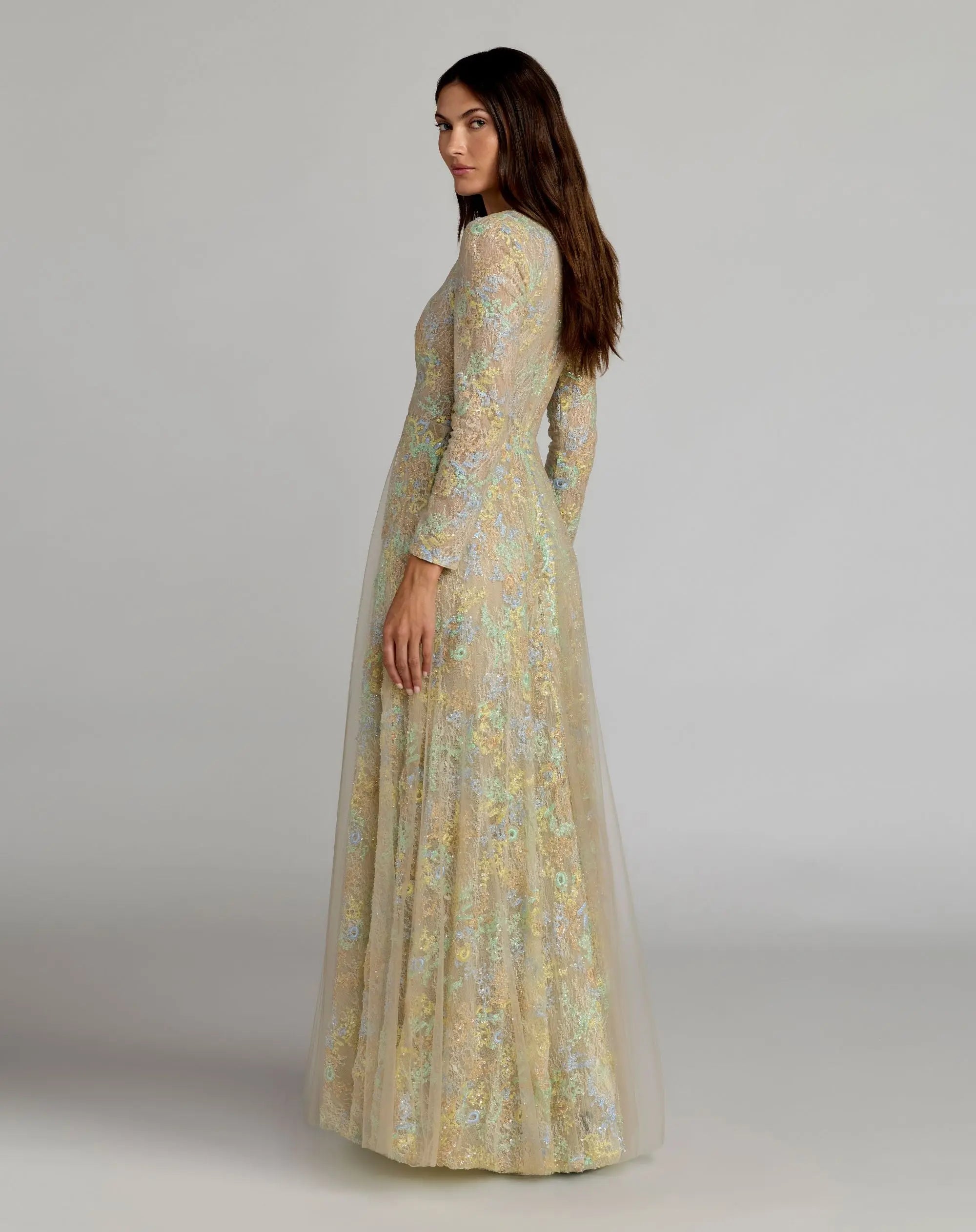 Beige Long Sleeve Embellished Lace A-Line Gown - Image 3