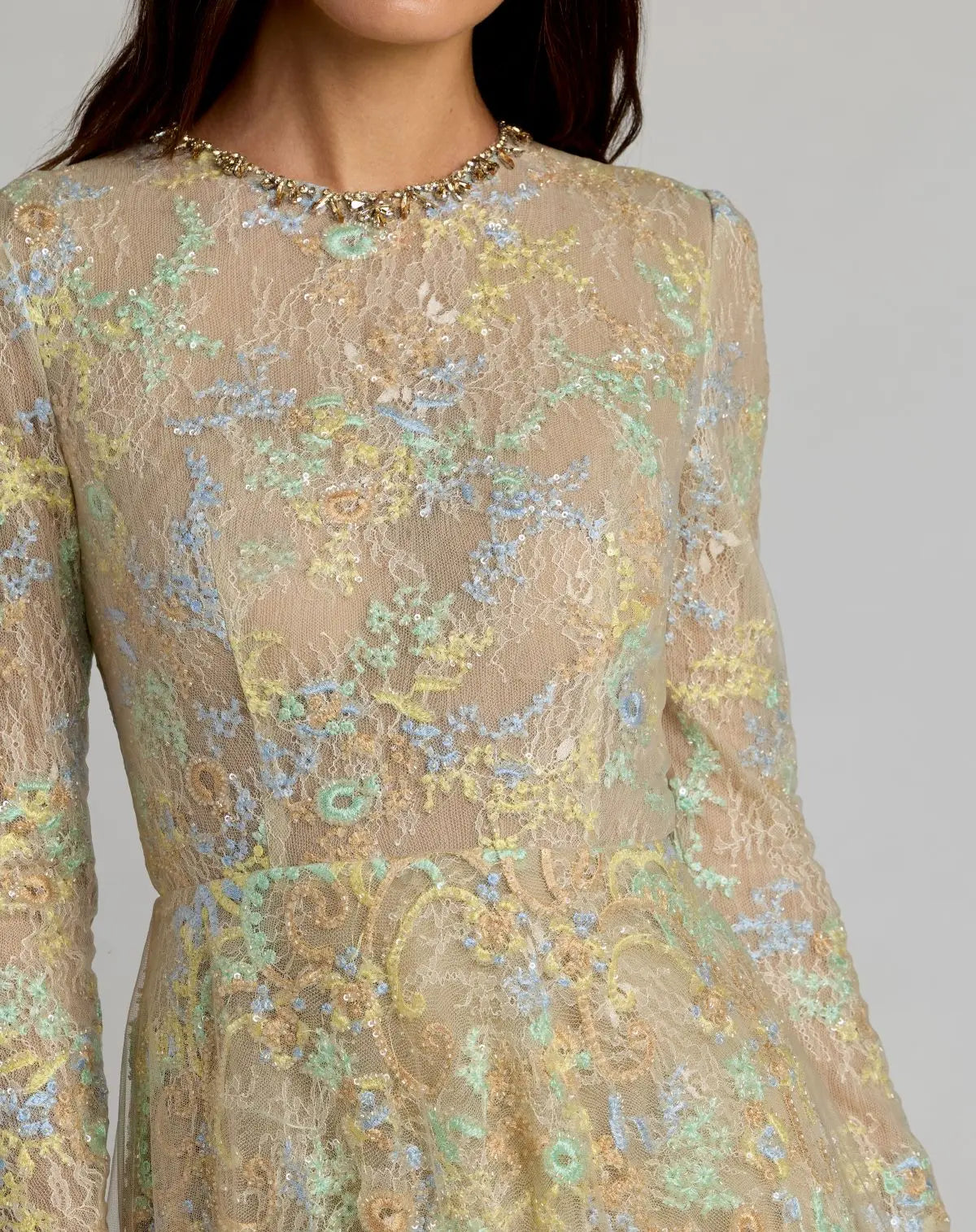 Beige Long Sleeve Embellished Lace A-Line Gown - Image 2