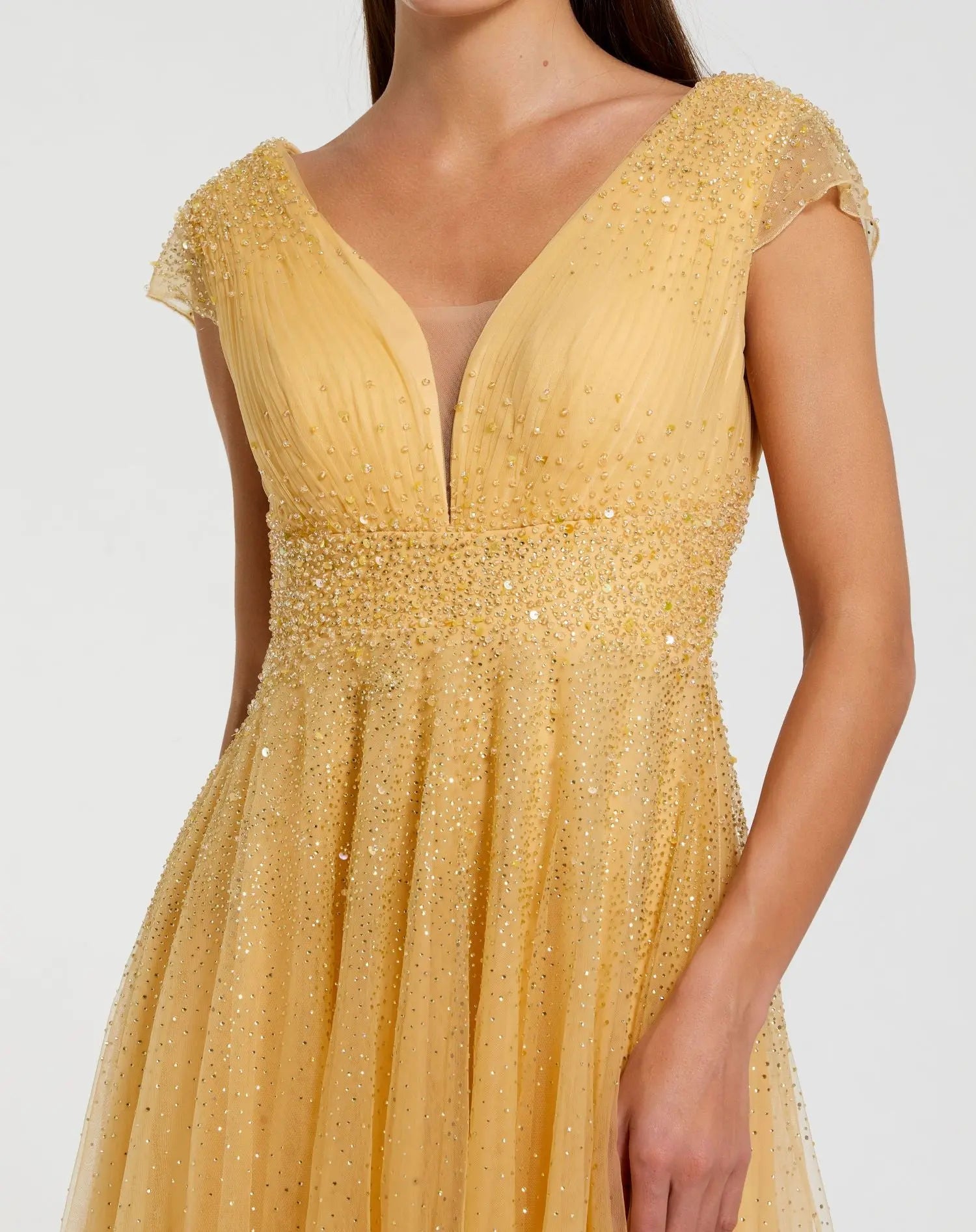 Yellow Embellished Cap Sleeve V Neck Tulle Gown - Image 2