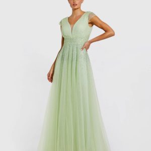 Green Embellished Cap Sleeve V Neck Tulle Gown