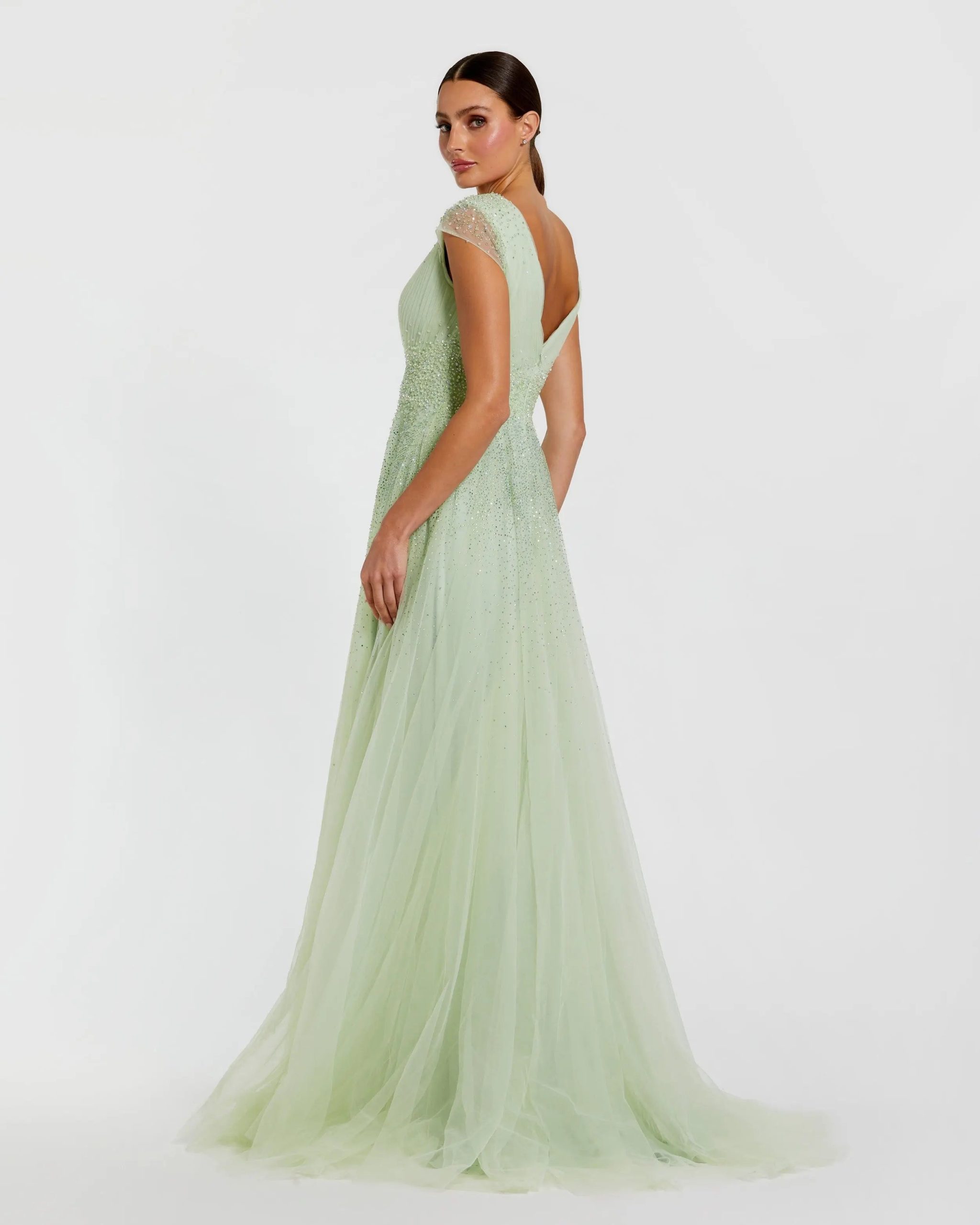Green Embellished Cap Sleeve V Neck Tulle Gown - Image 3