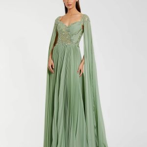 Green Embellished Chiffon Cape Sleeve A Line Gown