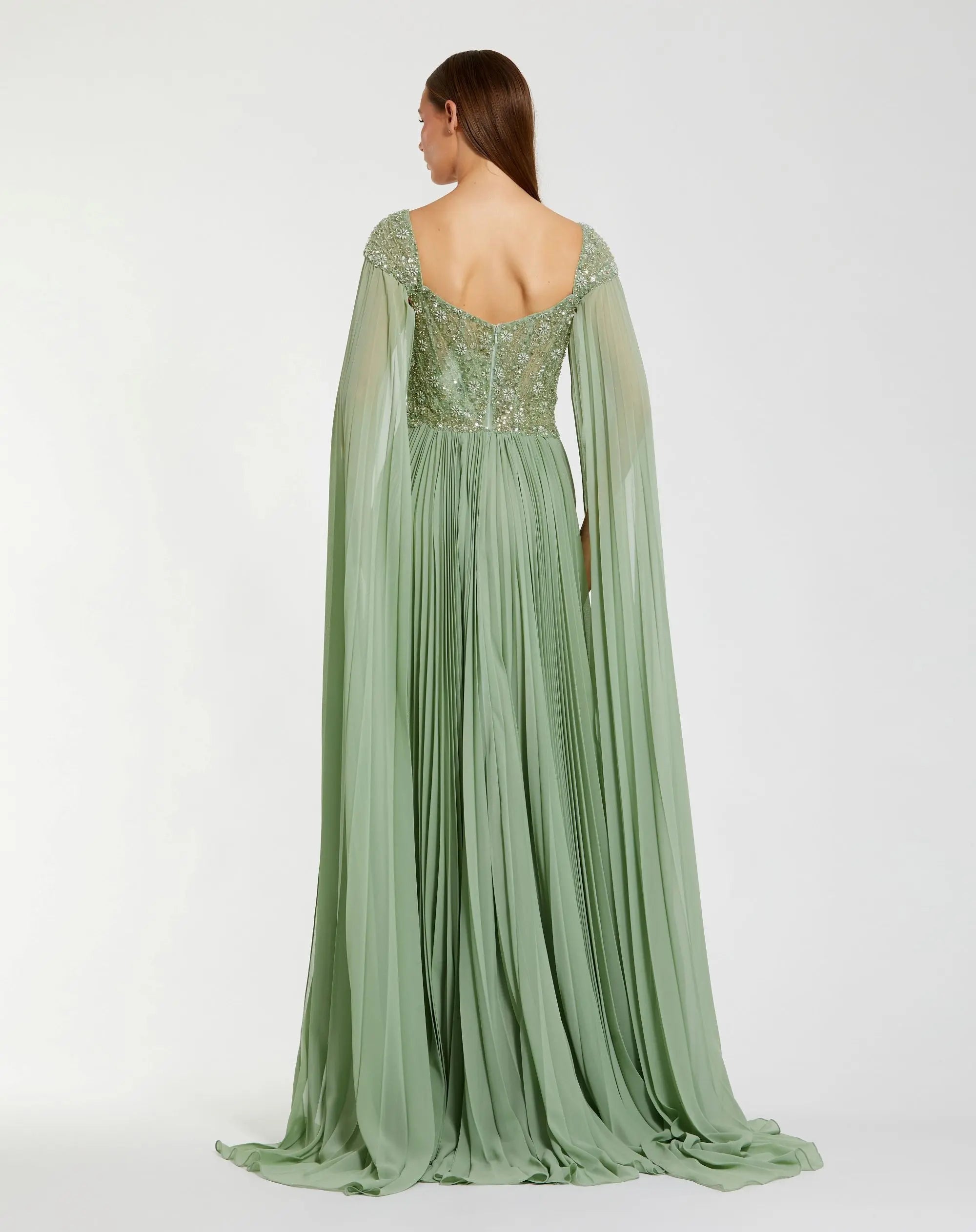 Green Embellished Chiffon Cape Sleeve A Line Gown - Image 3