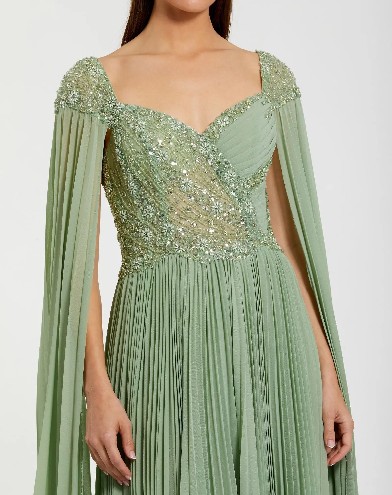 Green Embellished Chiffon Cape Sleeve A Line Gown - Image 2