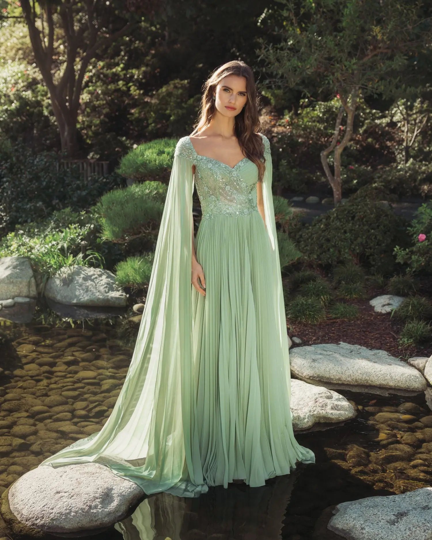 Green Embellished Chiffon Cape Sleeve A Line Gown - Image 4