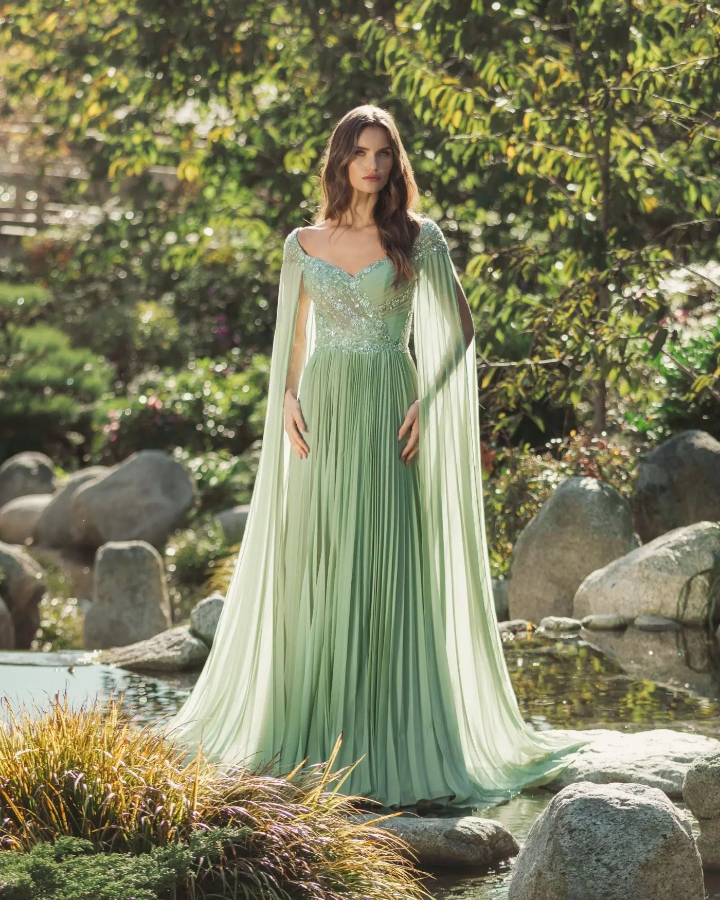 Green Embellished Chiffon Cape Sleeve A Line Gown - Image 6