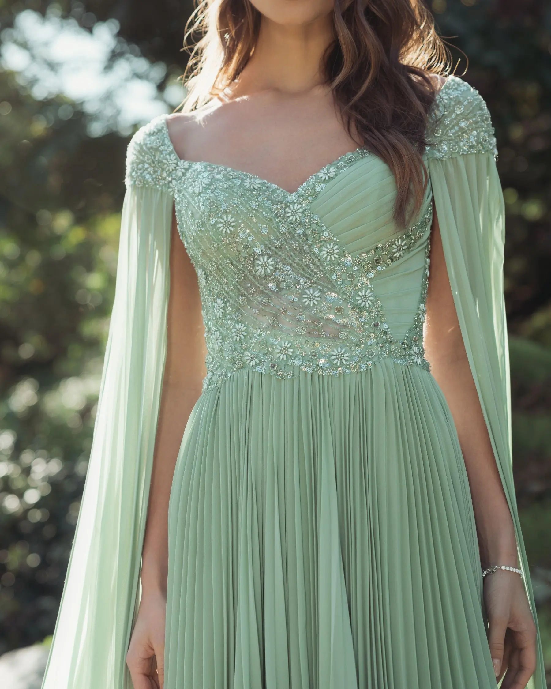 Green Embellished Chiffon Cape Sleeve A Line Gown - Image 5