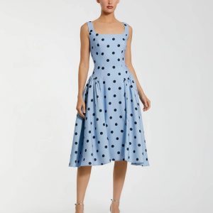 Blue Square Neck Crepe Polka Dot Fit and Flare Midi Dress