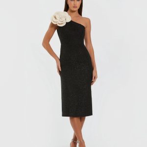 Black One Shoulder Boucle Midi Dress With 3D Flower