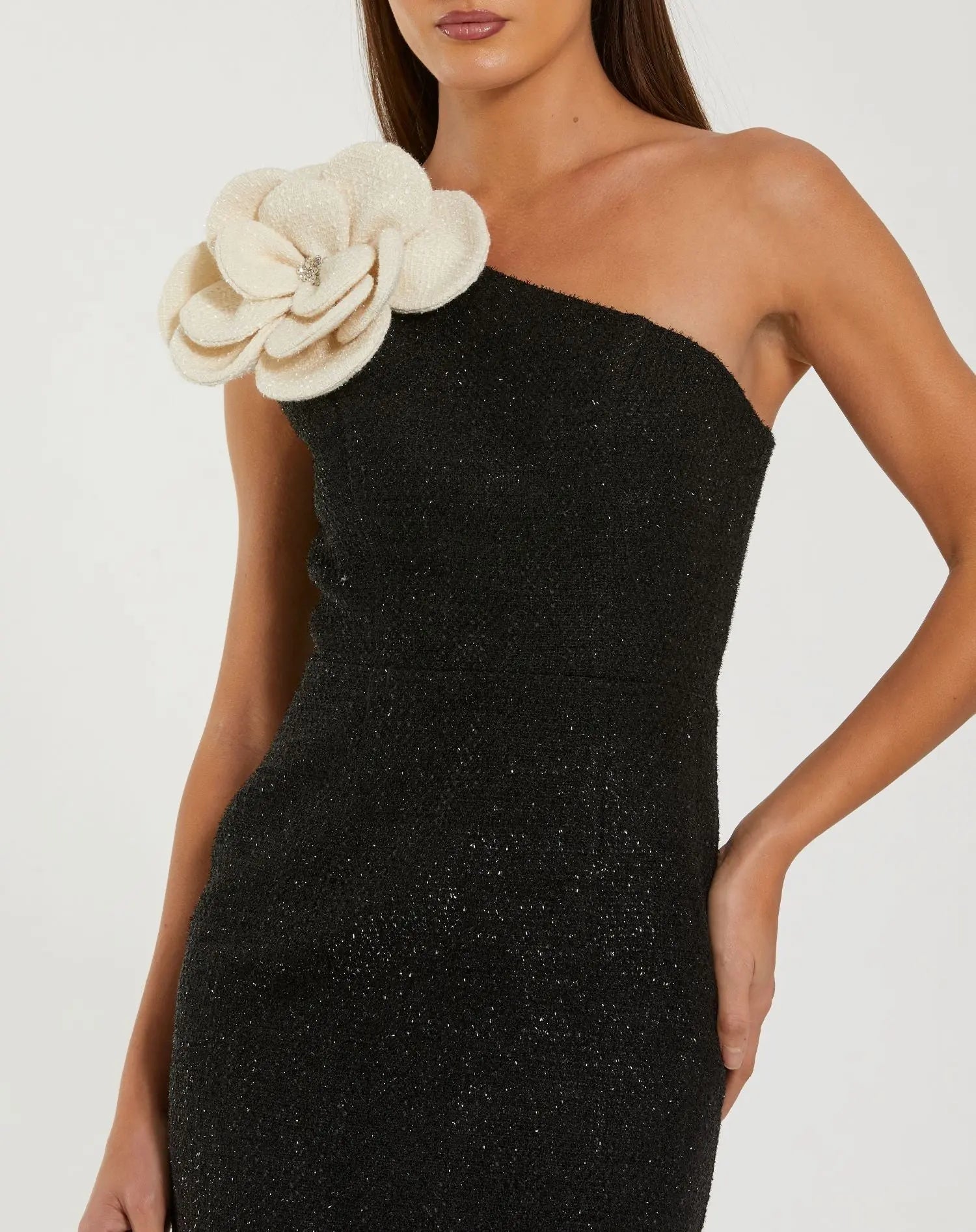 Black One Shoulder Boucle Midi Dress With 3D Flower - Image 2