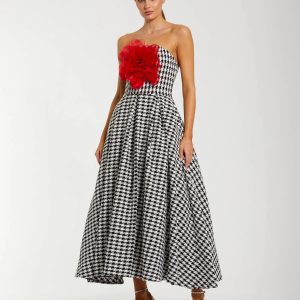 Black and White Strapless Boucle A Line Midi Dress With 3D Flower