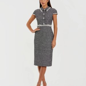 Black Embellished Cap Sleeve Boucle Midi Dress